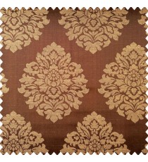 Chocolate brown gold color traditional damask designs texture finished surface swirls horizontal lines polyester main curtain